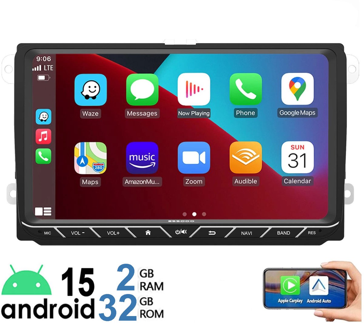 ESSGOO autoradio geschikt voor CarPlay voor Volkswagen VW/TIGUAN/GOLF/POLO/TOURAN/CADDY - 2GB + 32 GB - Android 15 - navigatiesysteem - Bluetooth & Wifi FM RDS USB