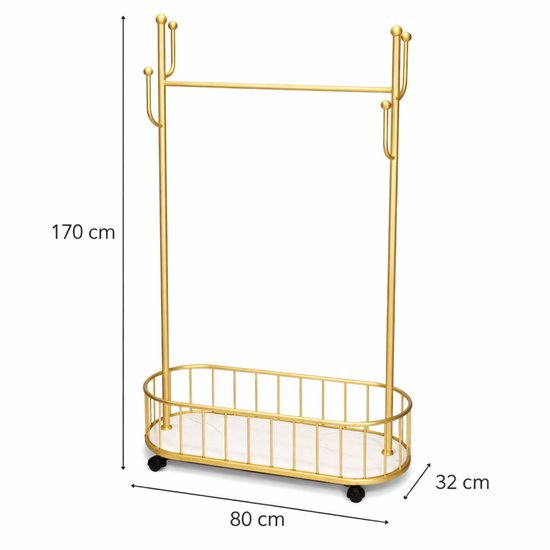 Arisa Home Kledinghangers- Goud-Wit - Kapstok met opberg mand - Multifunctionele Kledingrek - Kleding Hanger met opbergmand -kledingrek op wieltjes - 170x80x32cm