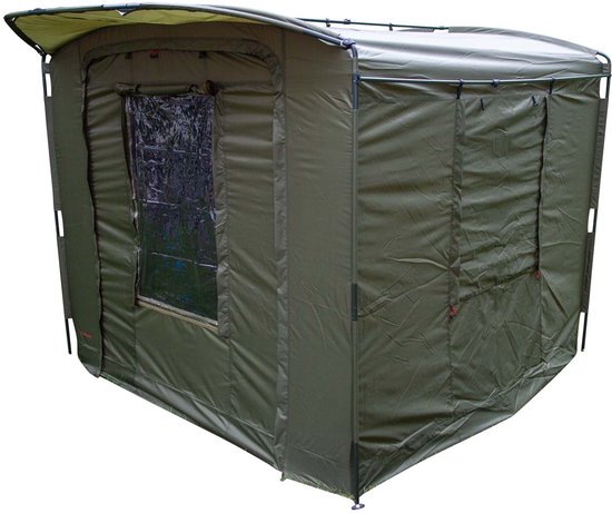 Groene vis tent met een raam aan de zijkant.