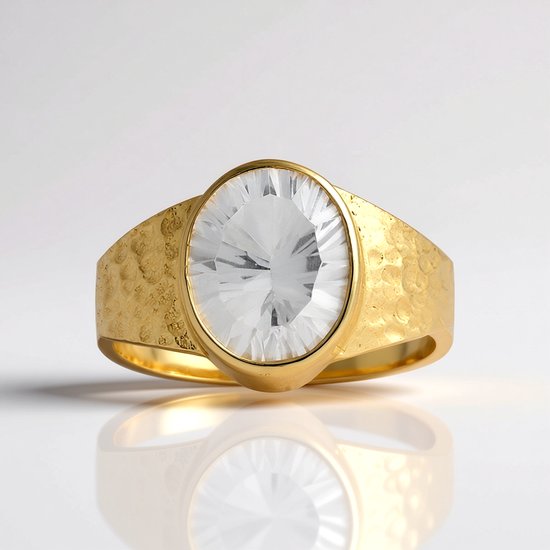 Cavill - Zilveren ring - 925 Sterling zilver verguld - Witte kwarts 3,3 ct uit Madagaskar - Gehamerde band - Elegant ovaal design