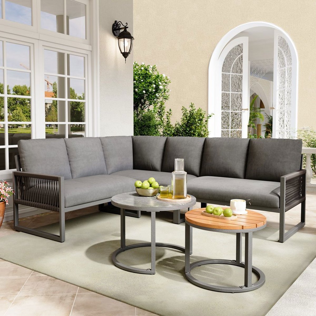 BLACKCOLORS Tuinset, meubelset voor 6-7 personen, hoekbank met gegalvaniseerd ijzeren frame, verstelbare poten, inclusief alle zit- en rugkussens, grijs thumbnail 5