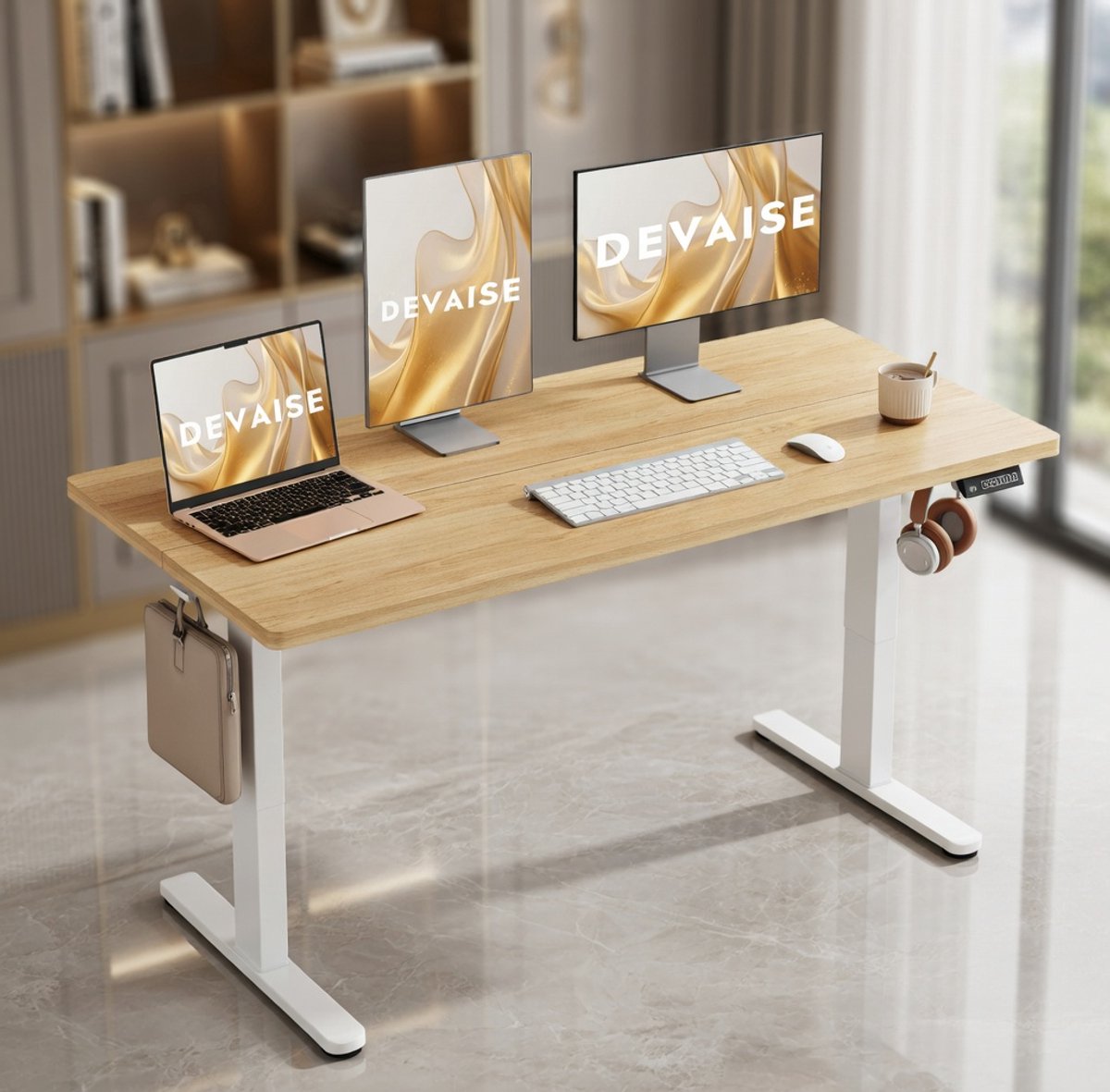 Ergonomisch In Hoogte Verstelbaar Bureau 140x70 cm – Zit-Sta Bureau met Stille Motor, Geheugenfunctie voor 3 Hoogtes, Elektrisch Bureau voor Thuis en Kantoor – Modern Computertafel Eiken House&Garden