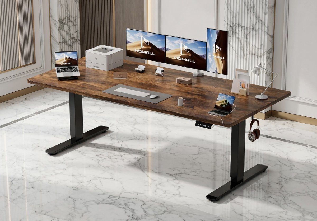 Elektrisch In Hoogte Verstelbaar Bureau 200x80 cm – Staand Bureau met 3 Geheugenfuncties, USB-A Oplaadaansluiting, Kabelbeheer en Groot Houten Werkblad – Modern Zwart & Bruin Computertafel voor Thuis & Kantoor House&Garden