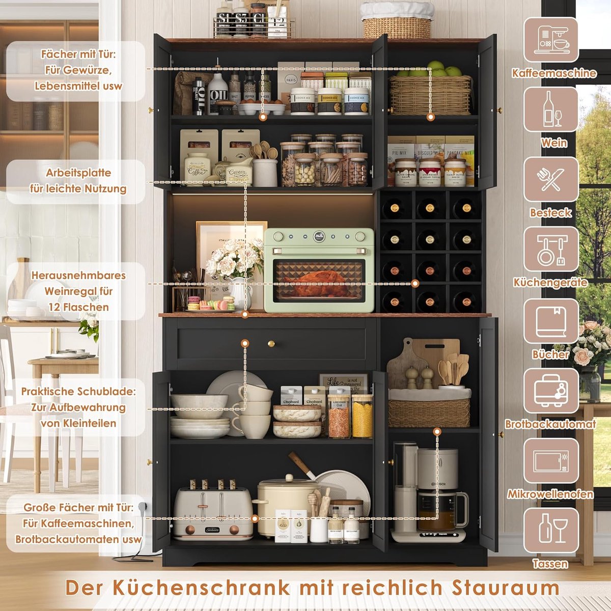 Keukenkast 180x100x39 cm met Werkblad, LED Verlichting, Stopcontact & Wijnrek voor 12 Flessen – Multifunctionele Buffetkast / Dressoir / Keukenmeubel Zwart – Laura