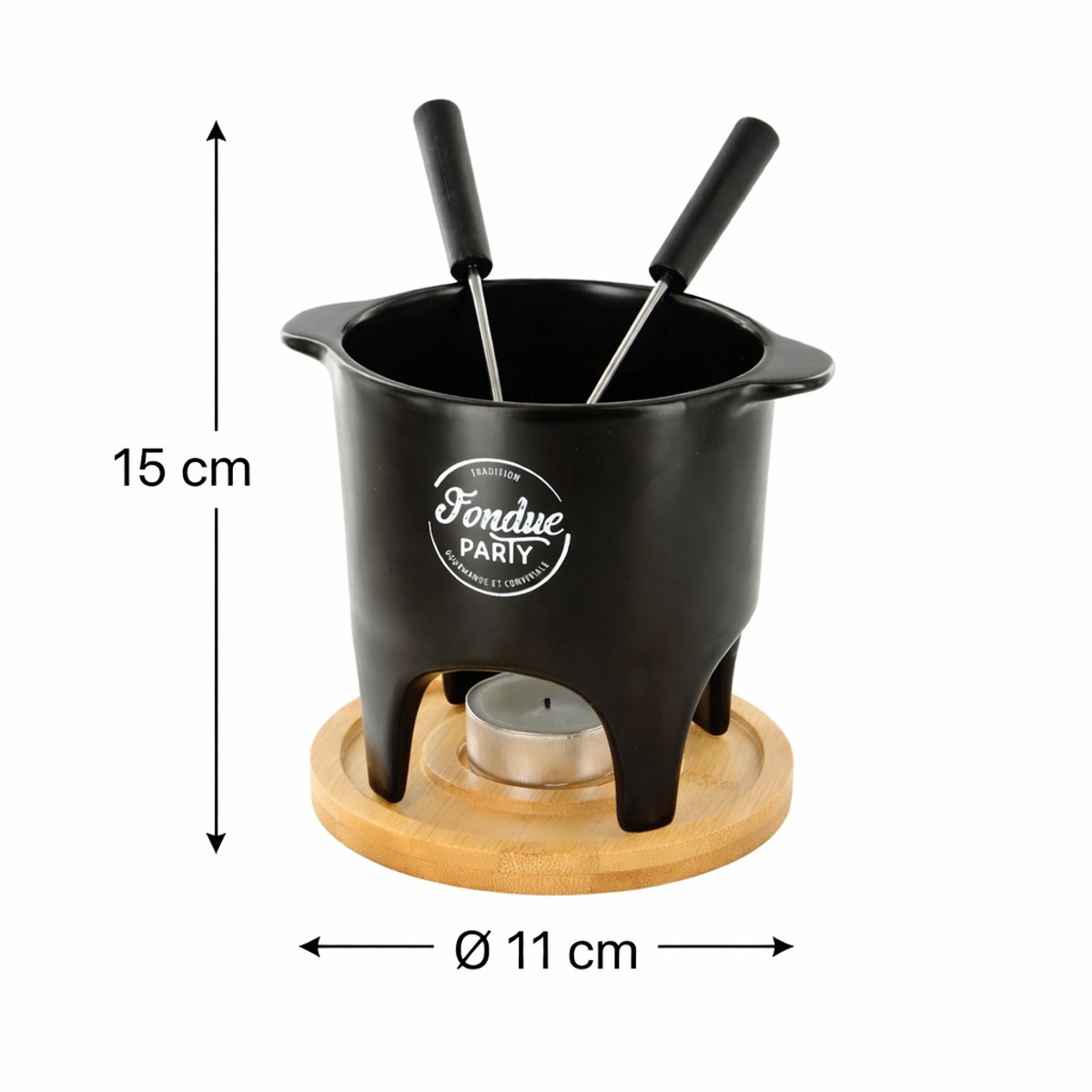 Fondue Set voor 2 Personen – Keramiek met Bamboe Onderplaat – Inclusief 2 Vorkjes – Ø 11 x H 15 cm – foto 4