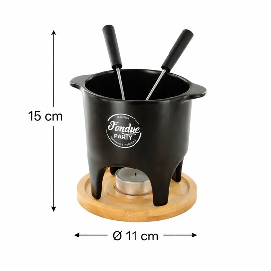 Fondue Set voor 2 Personen - Keramiek met Bamboe Onderplaat - Inclusief 2 Vorkjes - Ø 11 x H 15 cm — afbeelding 4