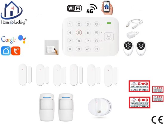 Overzicht van het Home-Locking® alarmsysteem: centraal paneel met cijfertoetsenbord, twee afstandsbedieningen, USB-kabel, adapter, vijf deur/raam sensoren, twee bewegingssensoren, rookmelder en waarschuwingsstickers.