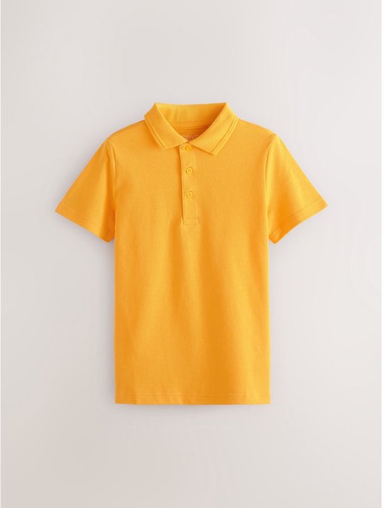 Gele katoenen polo met korte mouwen en knoopsluiting.
