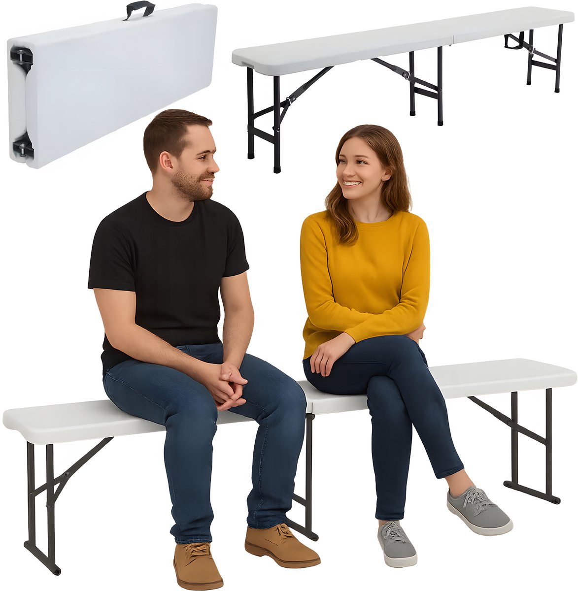 Opklapbare Cateringbank 180 cm – Tuinbank – Inklapbaar – HDPE – Draagbaar – Wit