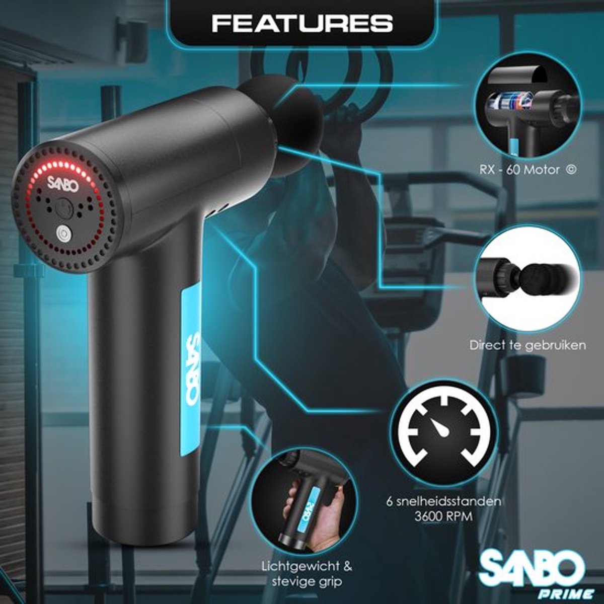 Sanbo Professioneel Massage Gun met 5 Opzetstukken en Koffer - afbeelding 3