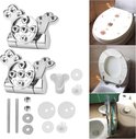Chroomkleurige toiletbril scharnieren, montageonderdelen en verschillende weergaven van toiletbrillen op toiletten.