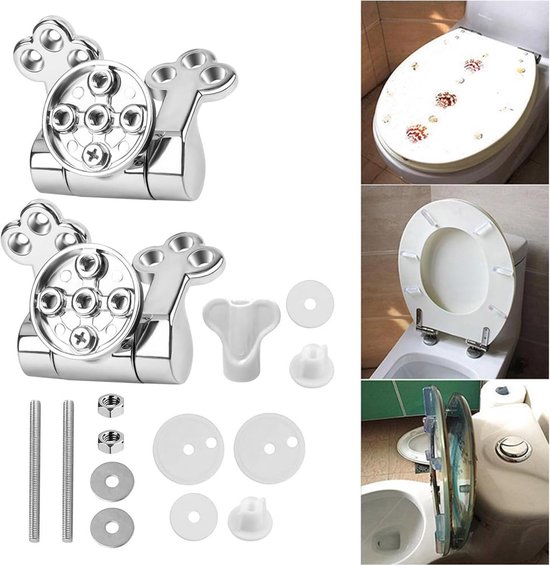 Chroomkleurige toiletbril scharnieren, montageonderdelen en verschillende weergaven van toiletbrillen op toiletten.