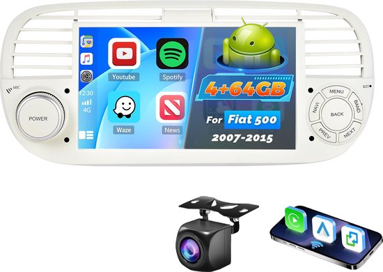 Wit dashboard met een 4+64GB-scherm voor Fiat 500. Toont Youtube, Spotify, Waze, News en een camera.