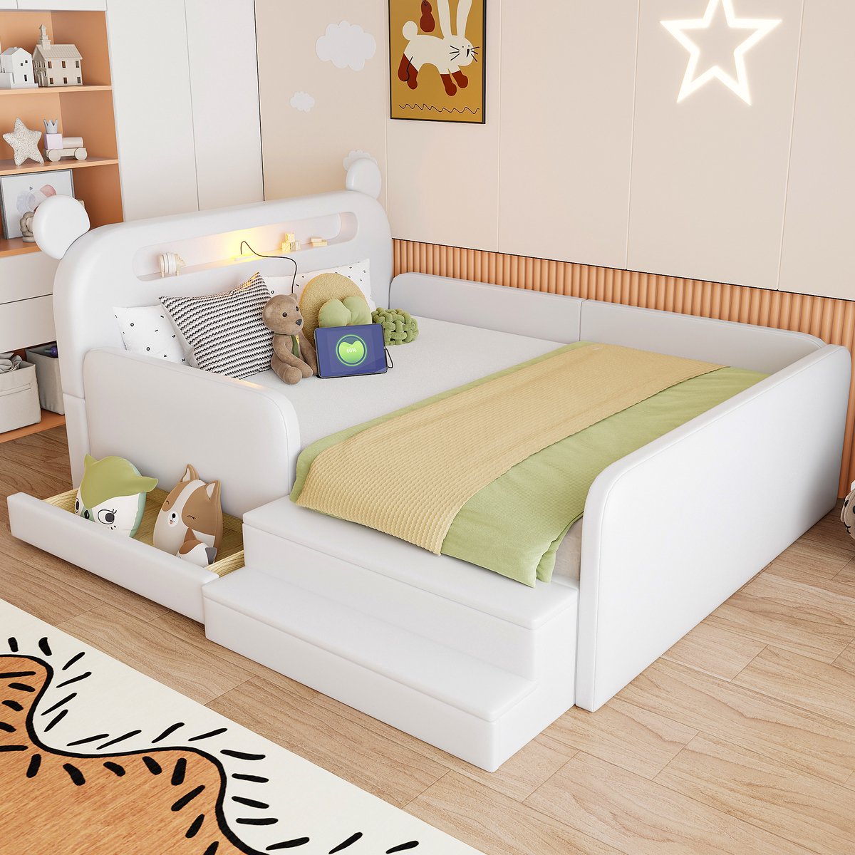 Kinderbed , 140 x 200 cm – Kinderbed – Opbergbed – Met bedhoofdbord in de vorm van een beer, nachtlampje, USB-oplaadpoort, geïntegreerde opbergruimte en opstapje – Veilig en praktisch – Wit