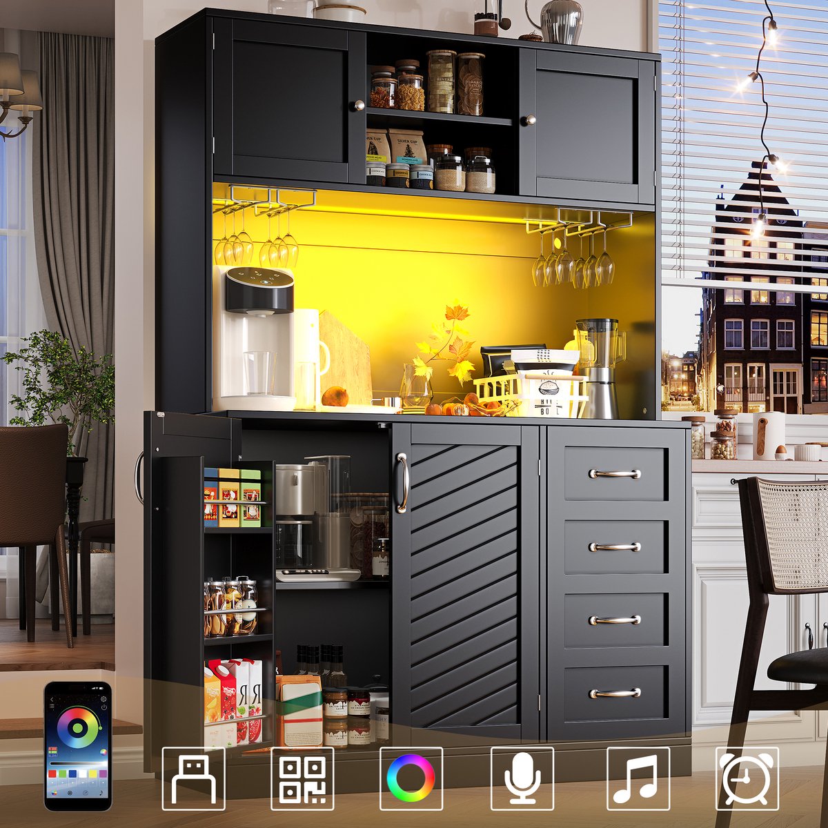 REDOM - Buffetkast - Met Ledverlichting En Drankhouders - Modern - Voor Keuken - MDF - Zwart - 120 X 40 X 188 Cm