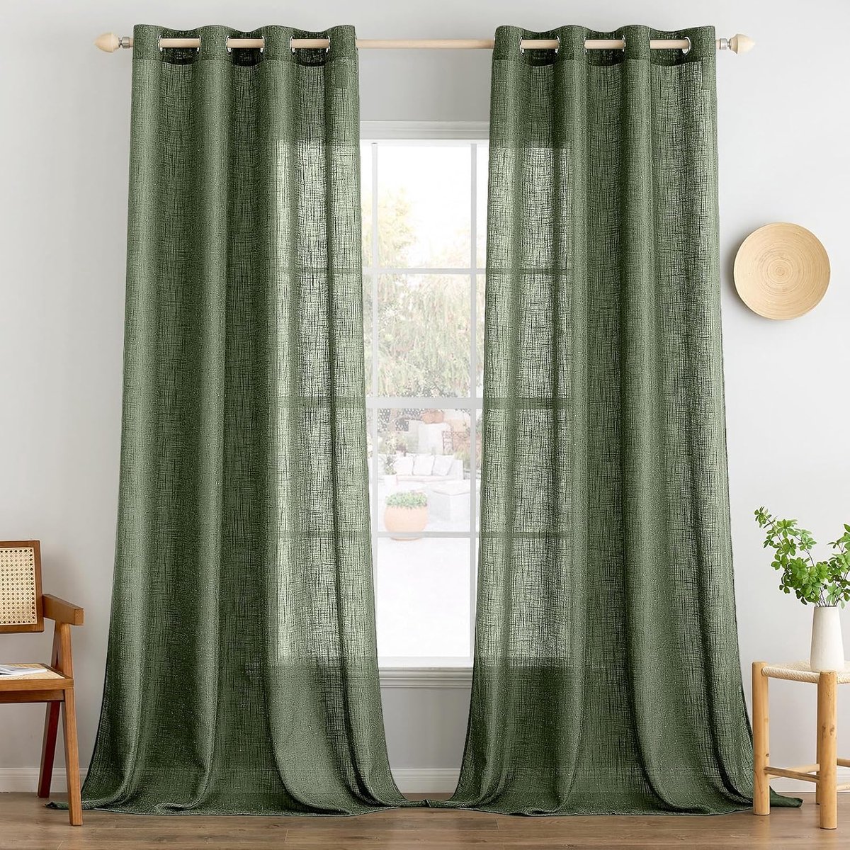 Gordijnen met oogjes - Linnenlook draperieën - Woonkamer decoratie - Semi-transparant materiaal - 225 x 140 cm - Olijfgroen