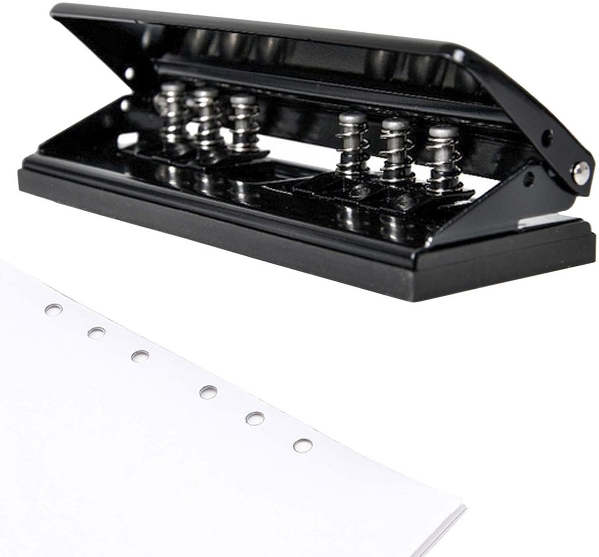 6-Gaats Perforator - Verstelbare Binder - Papier Verwerken - Ingebouwde Afvalkamer - 19.5 cm Lengte - Zwart
