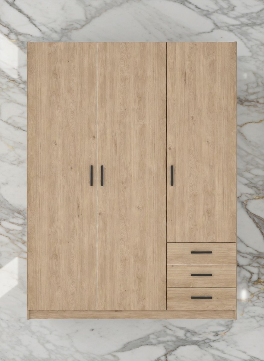 Thea Luxe 3-Deurs Kledingkast met Lades en Hangroede – 147x50x200 cm – Eikenlook - House&Garden
