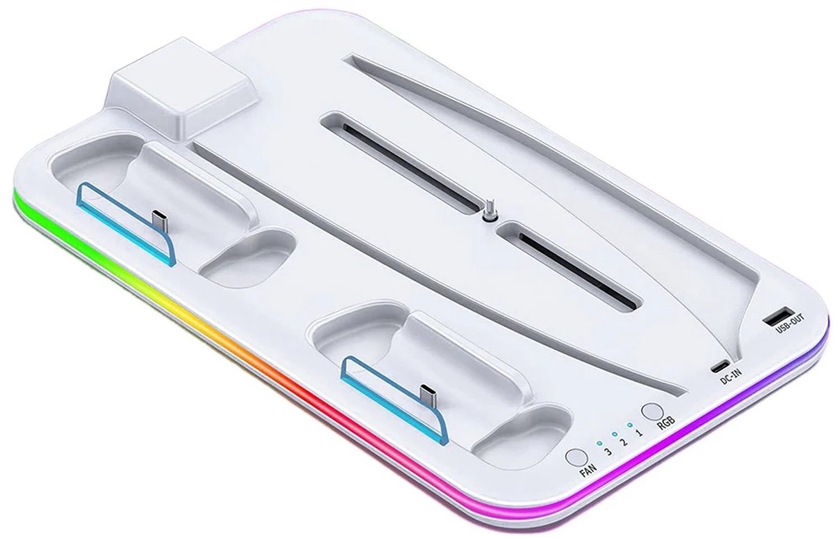 DrPhone ThermaBase – KoelingStand – spelopslag Voor 15 Spellen – LED Verlichting – Opslag Voor Headset – 3 Windsnelheden - Geschikt voor PS5 Slim & PS5 Disc/Digitaal- Wit