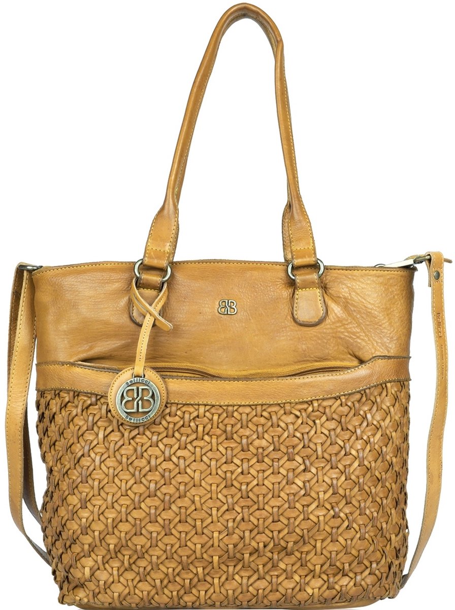 Boutique Trukado - Bellicci Leren Handtas/ Shopper "Paola" met vlechtwerk - mosterd - (hxbxd) ca. 36 x 36 x 13 cm