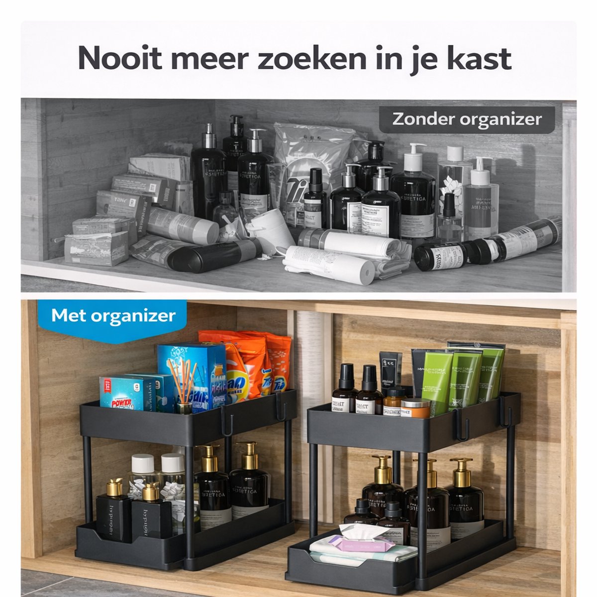 Joyage Keukenkast Organizer uitschuifbaar - Schuiflade Keukenkast - Aanrecht Organiser – Keuken Organizers - Kast Organizer - Kitchen Organizer Lade Organizer Zwart - Under sink Organizer - Gootsteenkast Organizer Keukenrek - Badkamer organizer — cadeau in Cadeau-ideeën - foto 3