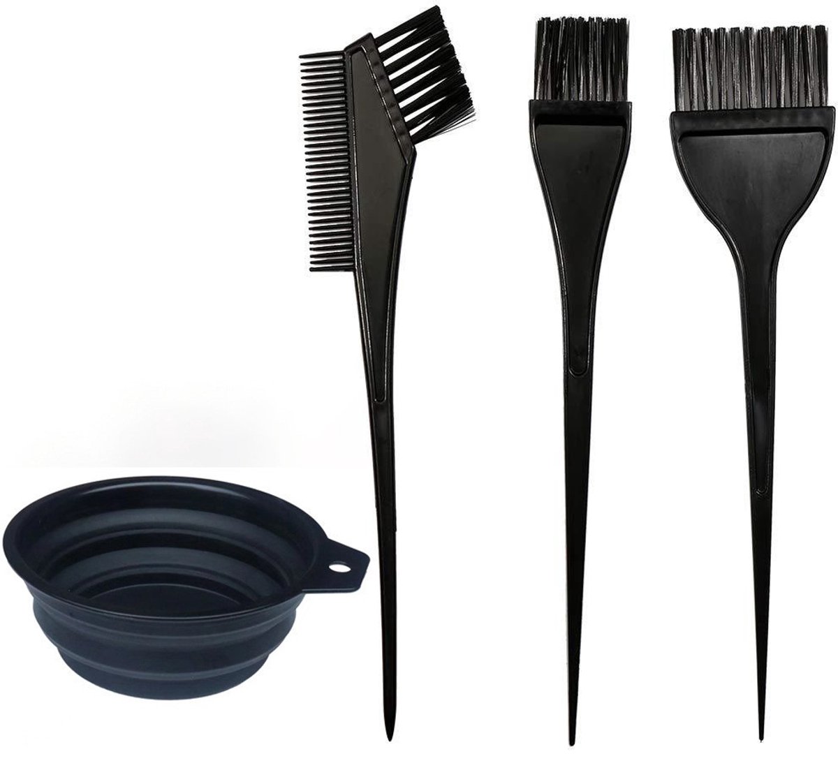 Opvouwbare kommenset (4 stuks)Haarverfset, haarverfbenodigdheden, inclusief een opvouwbare kom, verfkwast, verfkam en haarclips (zwart).s-Belle's product
