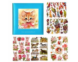 Poëziealbum - 16x16 - Lichtblauw - S7 - Poes met roze strik - met 5 vellen Poëzieplaatjes - Versjes - Gedicht - Cadeau - Sint - Geschenk - Knutselen - Hobby - Creatief - Scrapbook - Poezie