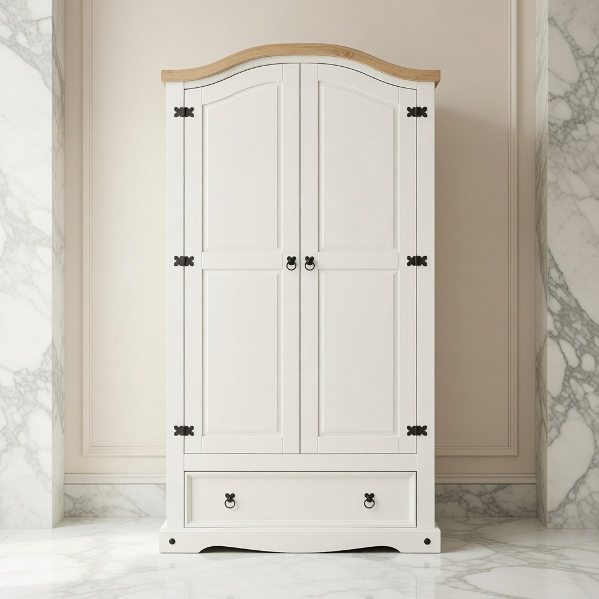 Premium Kledingkast Oslo – Massief Grenen Houten Kast met 2 Deuren, 1 Lade, Kledingstang en Legplanken – Wit/Naturel Gelakt – Slaapkamermeubel Opbergkast Robuust & Duurzaam House&Garden