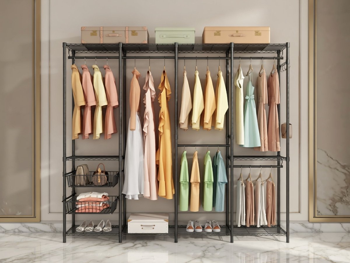 Moderne Verstelbare Open Kleerkast met 2 Uittrekbare Mandjes – Robuuste Stalen Garderobe met Groot Opbergvolume – 182 x 40 x 191 cm – Zwart House&Garden
