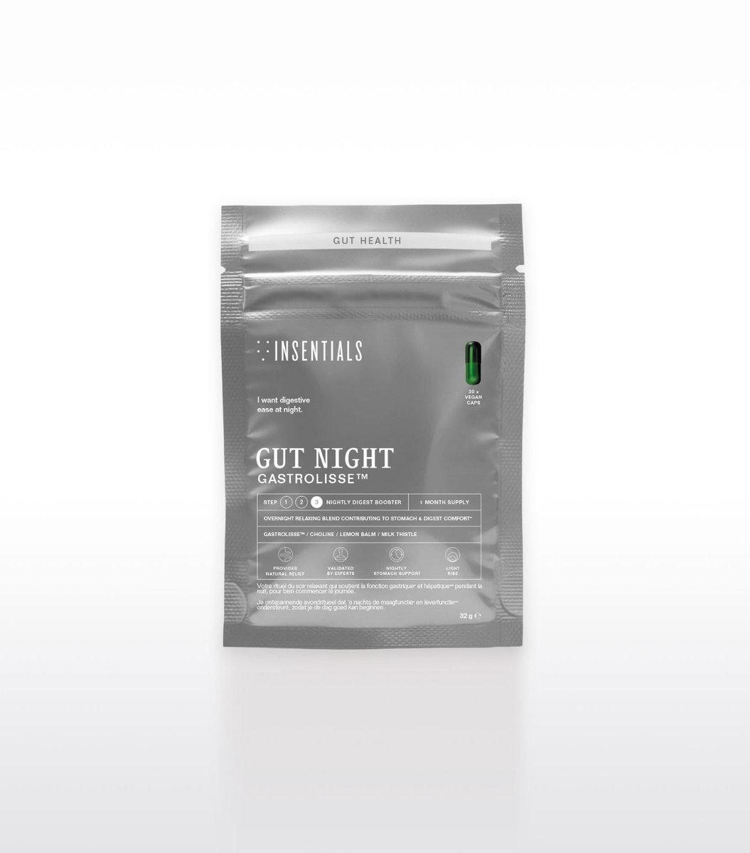 Insentials Gut Night - Spijsvertering na Maaltijden - Behandeling tegen Opgezette Buik - Tegen opgeblazen gevoel in de ochtend - Citroenmelisse, Choline & Mariadistel - 30 Pillen