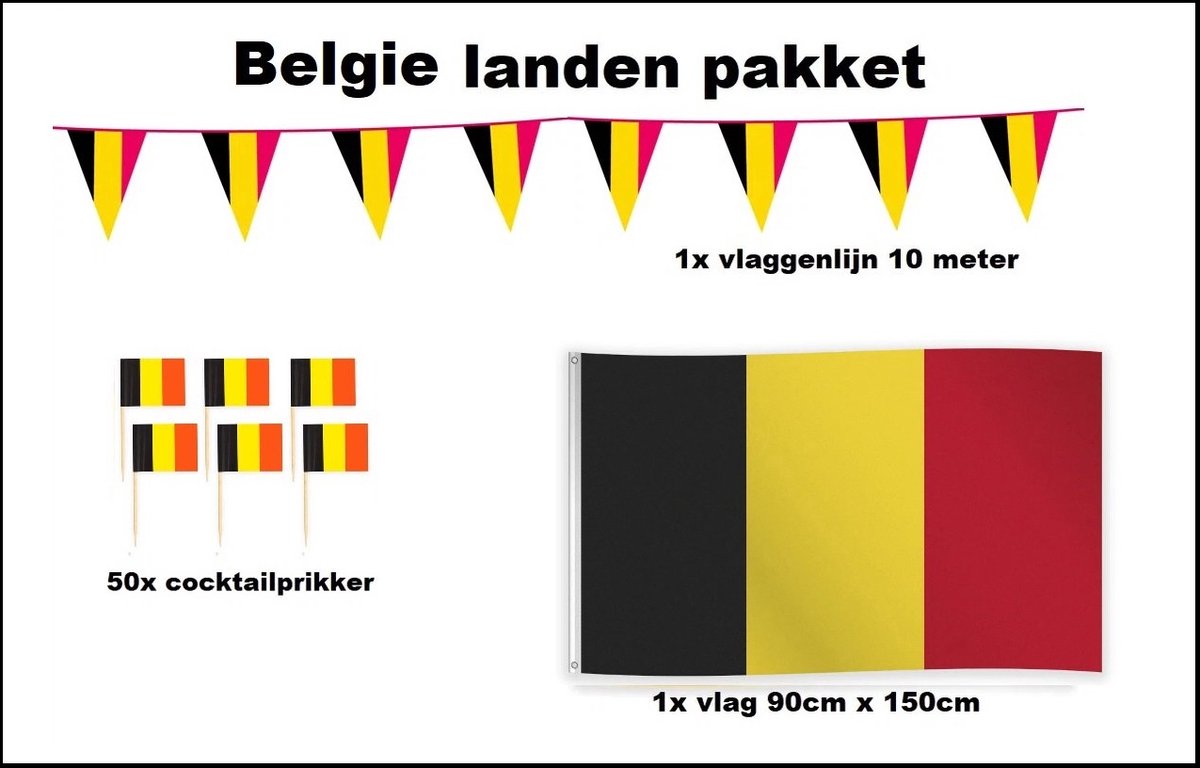 Geleverd in doosje - Belgie versiering pakket - Vlag Belgie 150cmx90cm (1x) - Cocktailprikkers Belgie (50x) - Vlaggenlijn Belgie 1000cm(1x) - WK voetbal festival evenement party decoratie Belgie