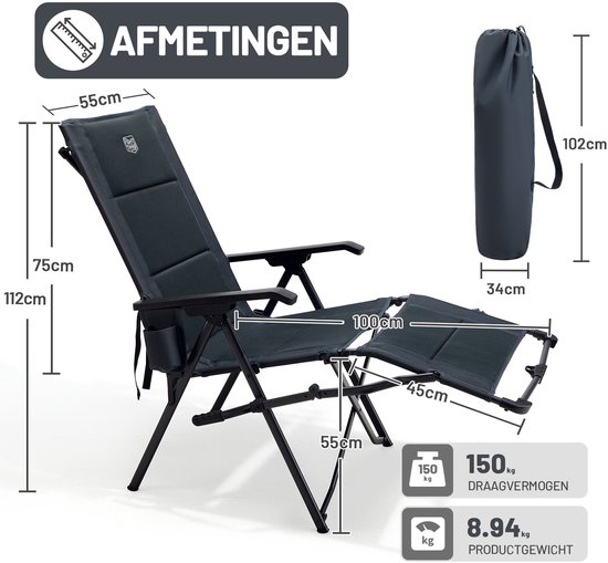 TIMBER RIDGE Campingstoel met Voetensteun - Opvouwbaar & Verstelbaar (4 Posities) - Hoge Rugleuning - 150KG Draagvermogen - Grijs van Merkloos — afbeelding 3
