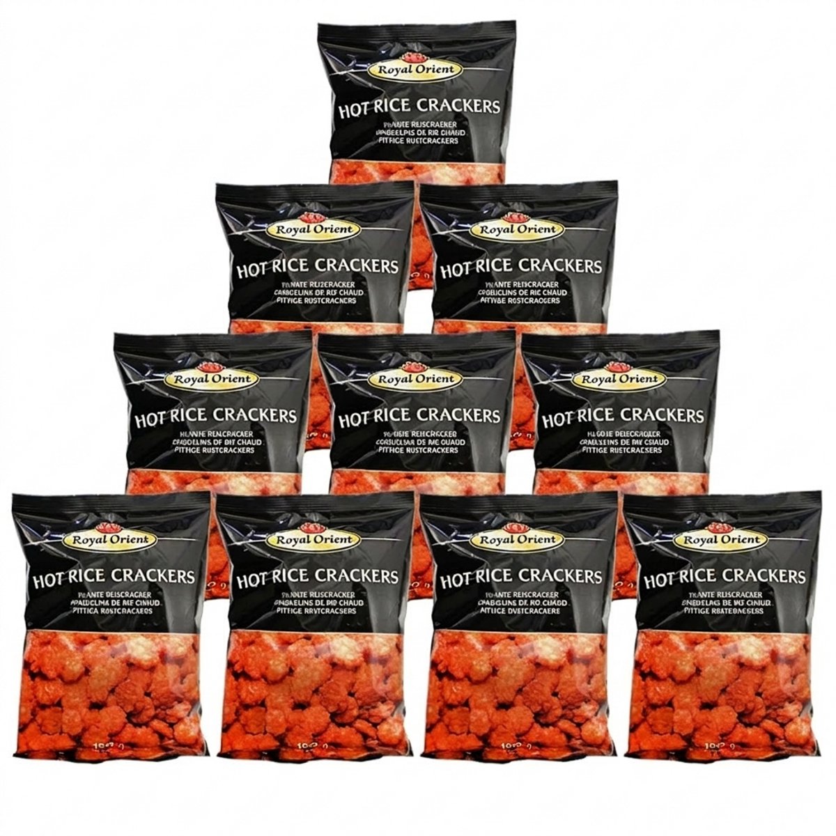 Royal Orient Hot Rice Crackers - Pikante Rijstcrackers - Grootverpakking 10 x 150g - Pittige Oosterse Snack - Knapperige Rijstzoutjes - Ideaal voor Borrel en Feestjes - Totaal 1,5kg Met Kajal Sticker