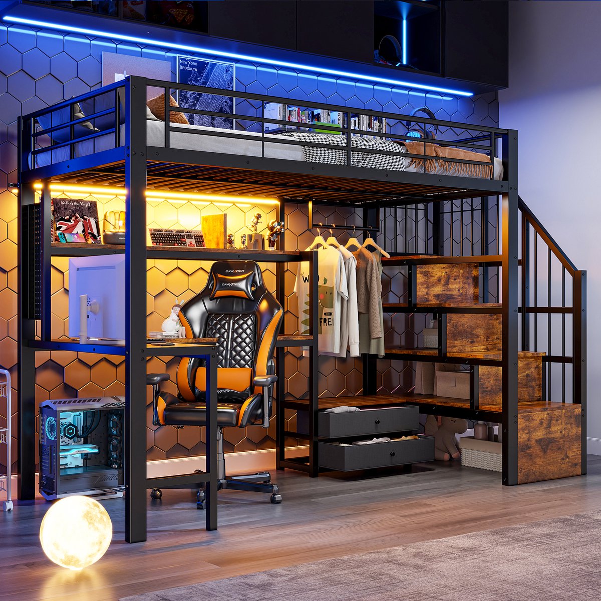 Zubaliya Hoogslaper 90x200 cm - Zwart - Ijzeren frame - Hoogslaper Met LED-lichtstrip, 2 lades, Kledingstang, Hoogslaper Met Bureau & Opbergtrap - Tienerhoogslaper - Kinderhoogslaper - Matras niet Inbegrepen - Ruimtebesparend