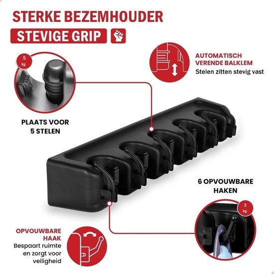 YOZHIQU Wandhouder voor Bezems en Gereedschap - 5 Stelen Bezemhouder met 6 Haken - Geschikt voor Bezem, Dweil en Tuinset - Duurzaam Plastic - Afmetingen 40,7x8,3x6,7cm van Merkloos	 — afbeelding 2