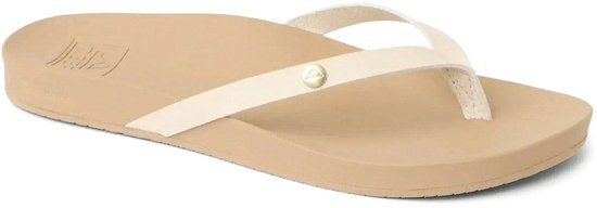 Beige slipper met crème bandjes en een gouden detail. Reef logo op de zool.