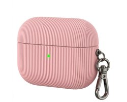 Luxe geribd hoesje voor oordopjes – Vertical Stripe design met sleutelhaak, geschikt voor AirPods 4 (Roze)