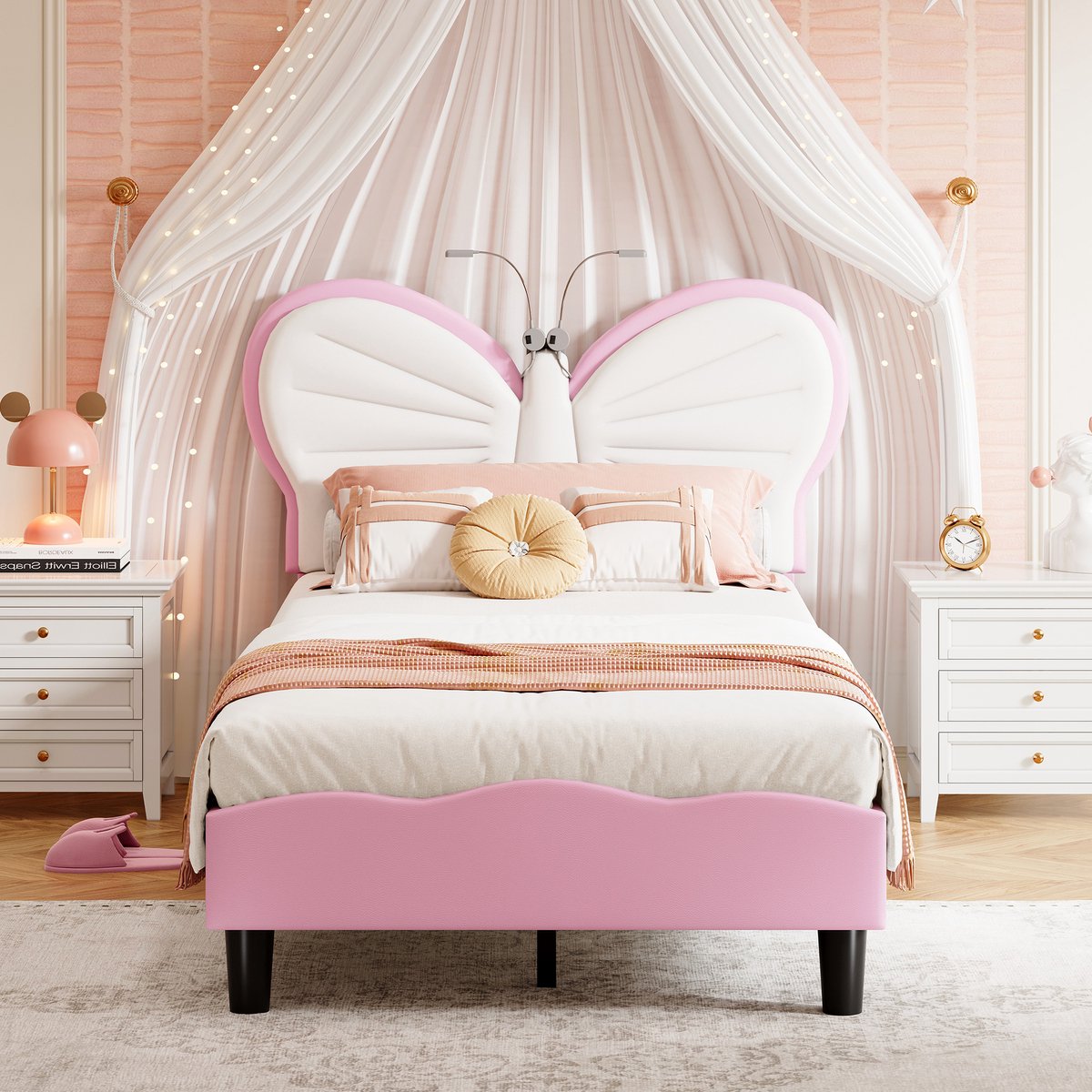 Kinderbed 90x190 – Vlinder Hoofdbord met Verlichting – Fluweel Roze