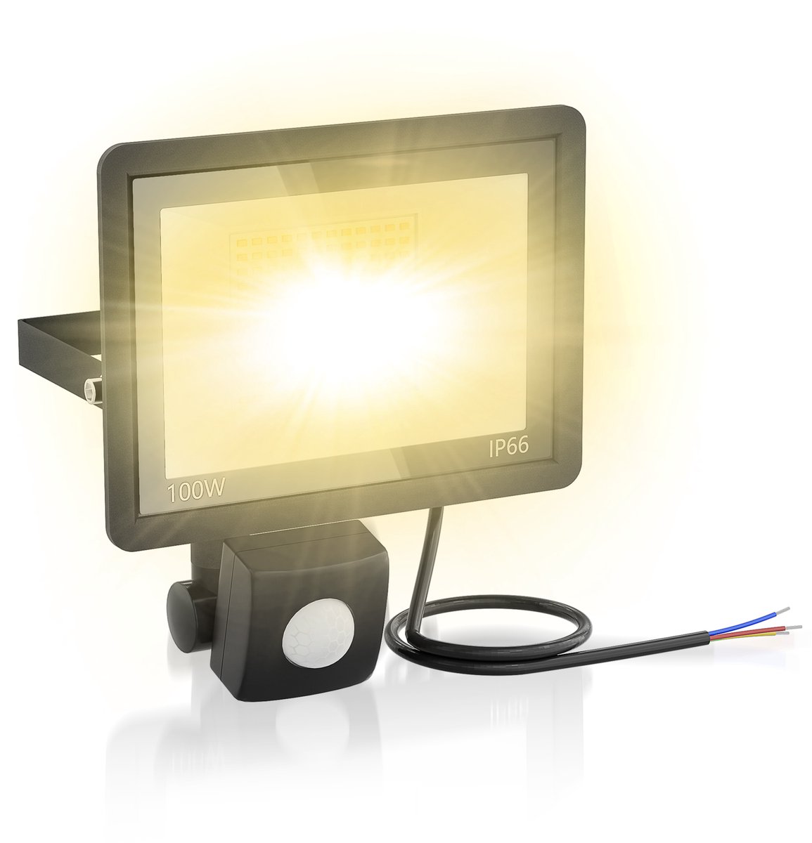 ACXIN LED Buitenlamp met Bewegingssensor – 100W LED Schijnwerper IP66, Aluminium Floodlight met 35cm Stroomkabel, Geschikt voor Tuin, Terras, Garage en Erf, Warm Wit, Zonder Stekker
