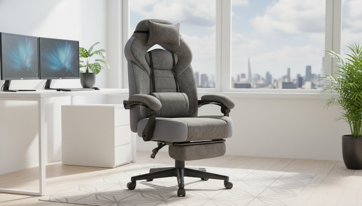 Gaming Stoel – Casa Velluto SupremeComfort Ergonomische Gamingstoel – Bureaustoel met Voetsteun, Verstelbare Hoofdsteun en Lendensteun – In Hoogte Verstelbare Computerstoel voor Gamen, Thuiswerk en Kantoor – Leigrijs – Draagkracht 150 kg