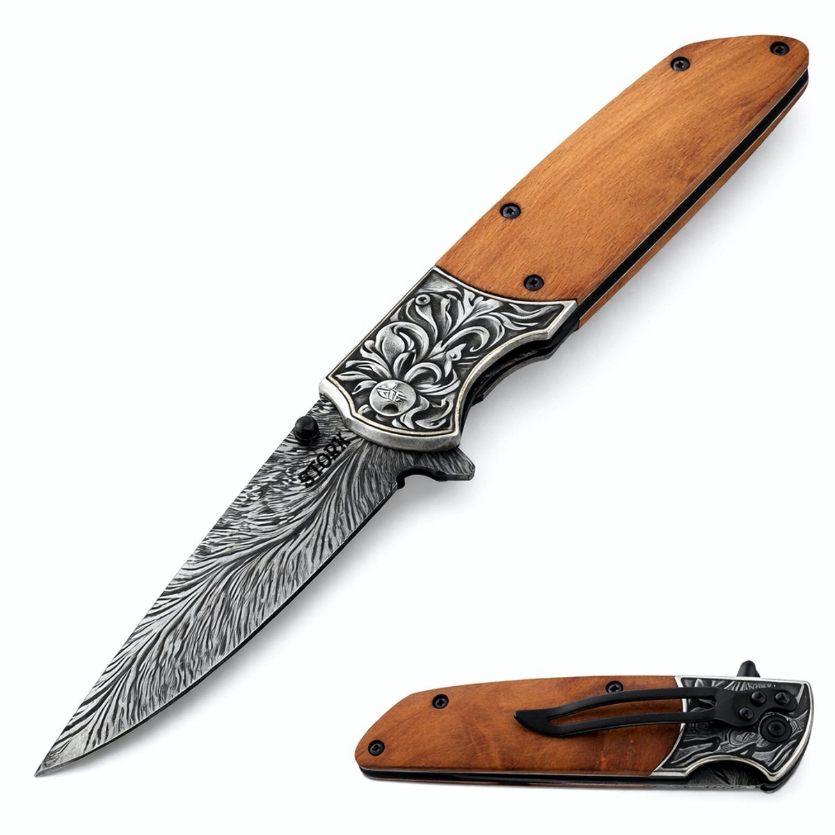 Zakmes - Damascus Print - Survival - Outdoor Mes - Pocket Knife - Vlijmscherp - Zakmessen - Houten handvat - Stoer - Hunting Knife - Kamperen - 22cm - Cadeau Tip
