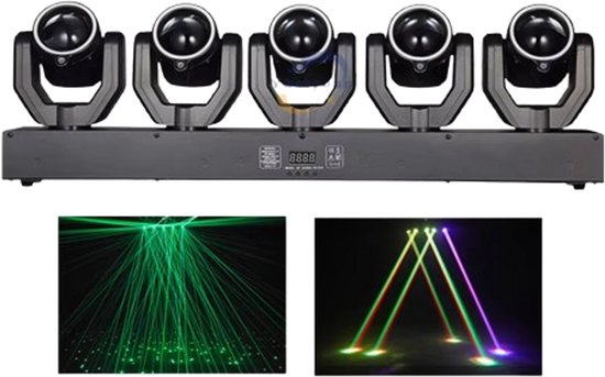 Cellista Moving Head DJ Licht 180W - 5-Kops LED Beam RGBW + Groene Laser - DMX512 Disco Verlichting - Stage Light met Geluid Besturing - Party Club Bar Licht Effect