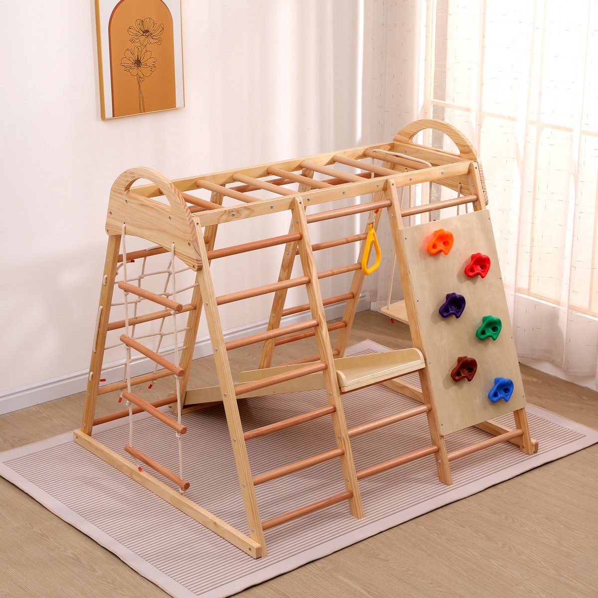 STILVORA Klimrek – 7-In-1 Speelcentrum – 134 x 120 x 120 cm – Massief Hout En Multiplex – Naturel – Met Schommel, Glijbaan En Klimnet