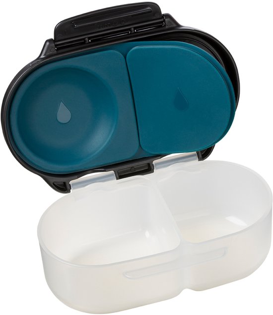 Boîte à lunch bento ouverte à 2 compartiments en transparent et turquoise. Couvercle noir avec accents turquoise.