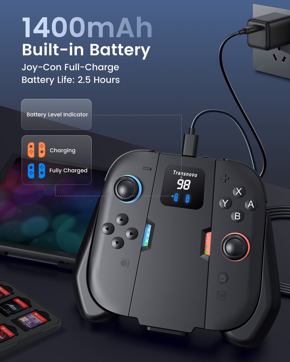 Transnovo Charging Grip Pro Joycon 1400mAh powerbank met magnetisch link geschikt voor Nintendo Switch 2 controller | Switch-controllers Joy con oplader incl. display | USB C kabel charger | Console accessoires – foto 2