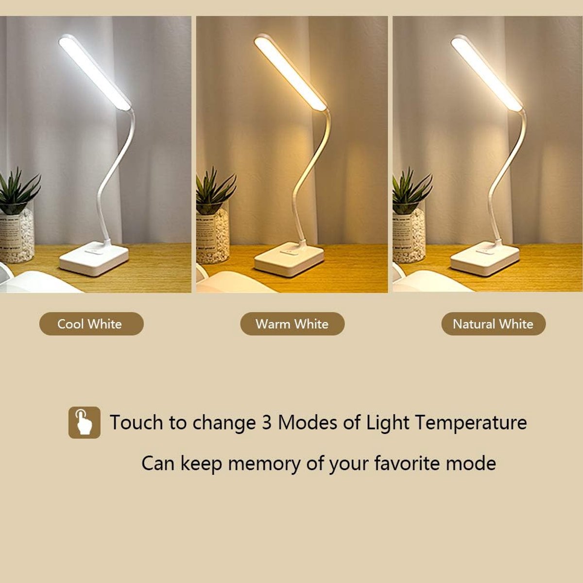 oneay Draadloze LED-bureaulamp, oplaadbaar via USB, mAh, werkt op batterijen, aanraakschakelaar, 3 LED-kleuren, 6 helderheidsniveaus, dimbaar, draagbare tafellamp voor lezen, studeren, kantoor, studentenkamer thumbnail 3