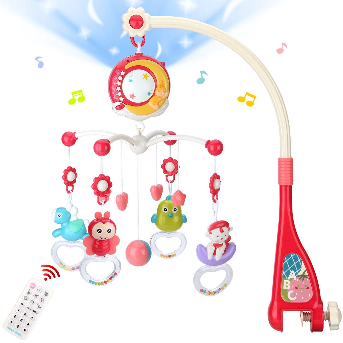 Baby Muziek Mobiel Wieg Speelgoed - met Projector en Licht - Timerfunctie - Afstandsbediening Babywieg Mobiel - met Meeneembare Muziekdoos en Rammelaars - Cadeau voor Pasgeboren Baby's Jongens Meisjes