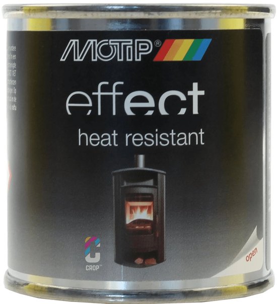 MoTip effect hittebestendige verf. Zilverkleurig blik met logo en afbeelding van een kachel.