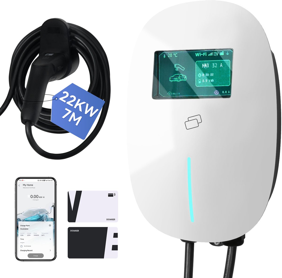 Puluomis - Wallbox EV Charger 22 kW - Smartcharge laadpaal met app - 7 meter kabel - Type 2 - 3-fase - 6–32A instelbaar - Wit