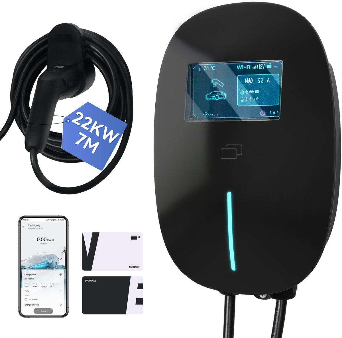 Puluomis - Wallbox EV Charger 22 kW - Smartcharge laadpaal met app - 7 meter kabel - Type 2 - 3-fase - 6–32A instelbaar - Zwart